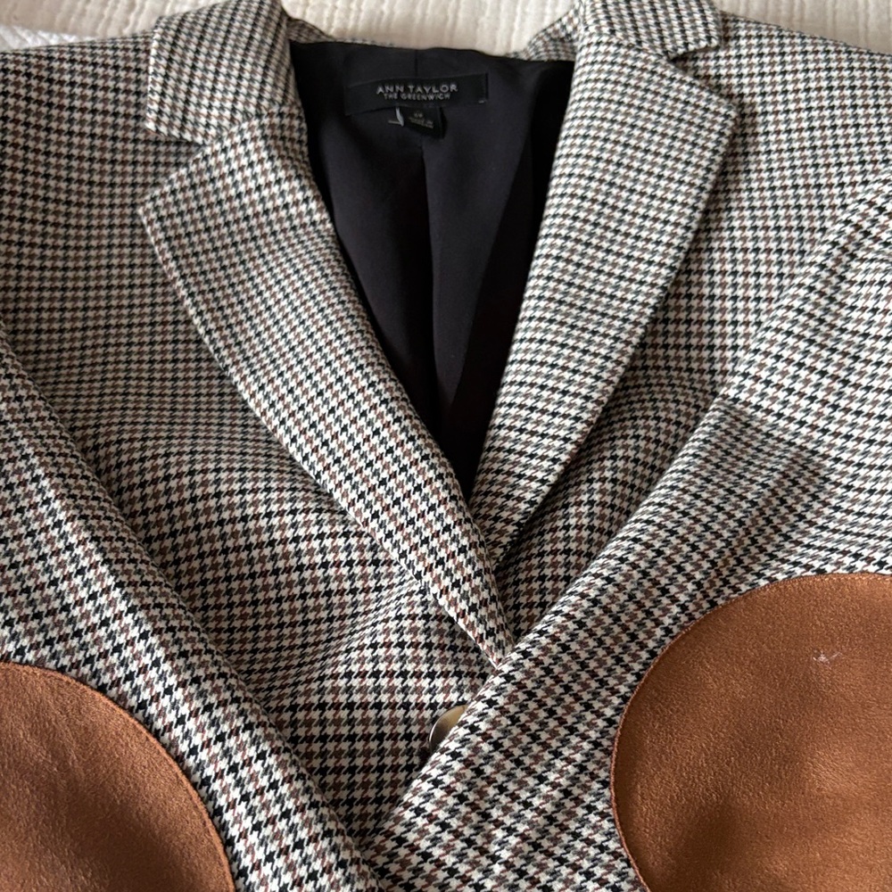 Ann Taylor Black and Brown Houndstooth Blazer with Brown Elbow Patches